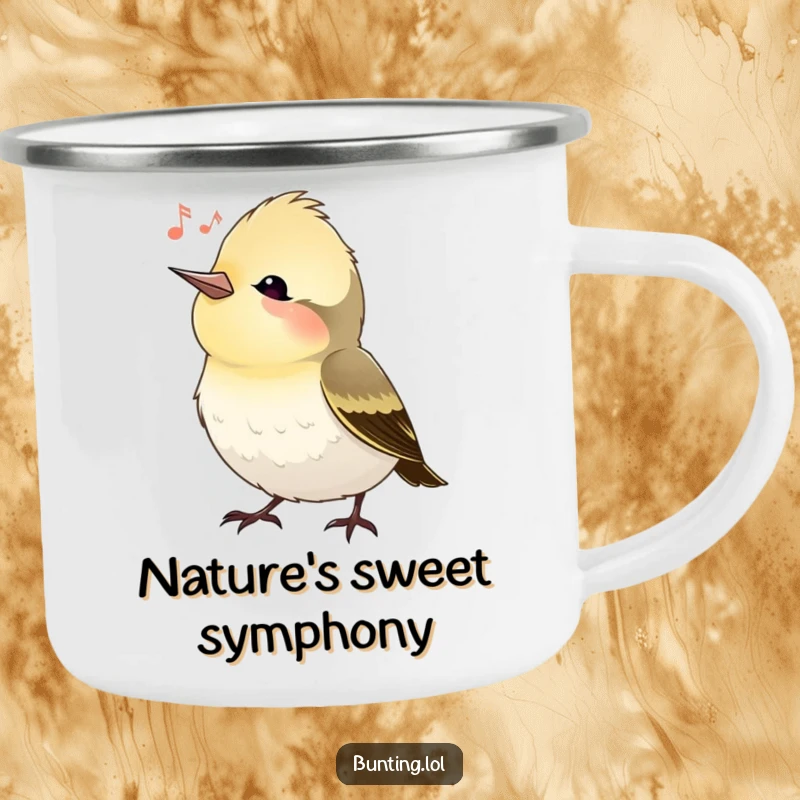 Funny bunting bird camping mug showing a bird tilting its head, listening, durable outdoor drinkware that makes a humorous funny gift.