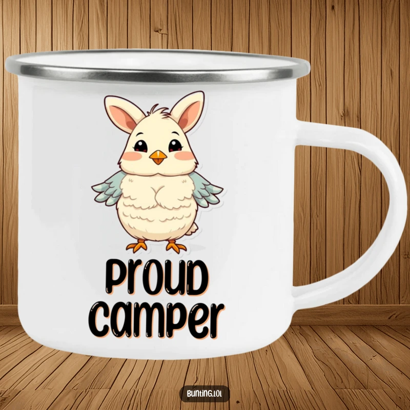 Funny bunting bird camping mug, humorously fluffing its chest feathers with pride, bringing confidence to outdoor sips.