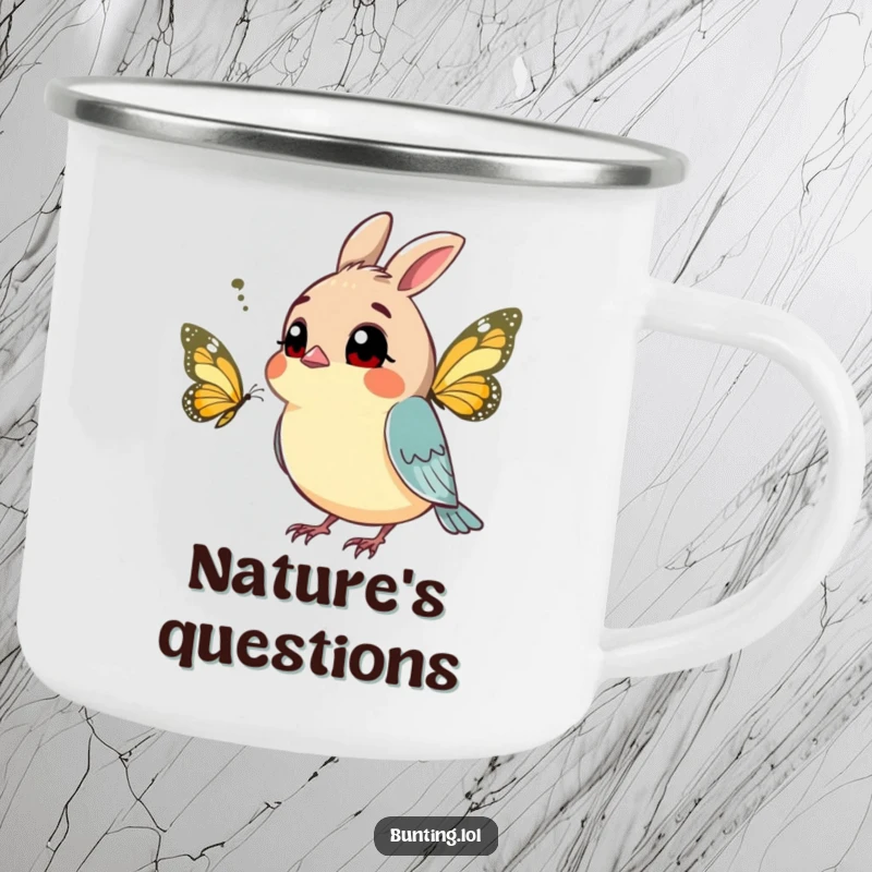 Funny bunting camping mug with a curious bird tilting its head at a butterfly, perfect for outdoor enthusiasts who love to wonder.