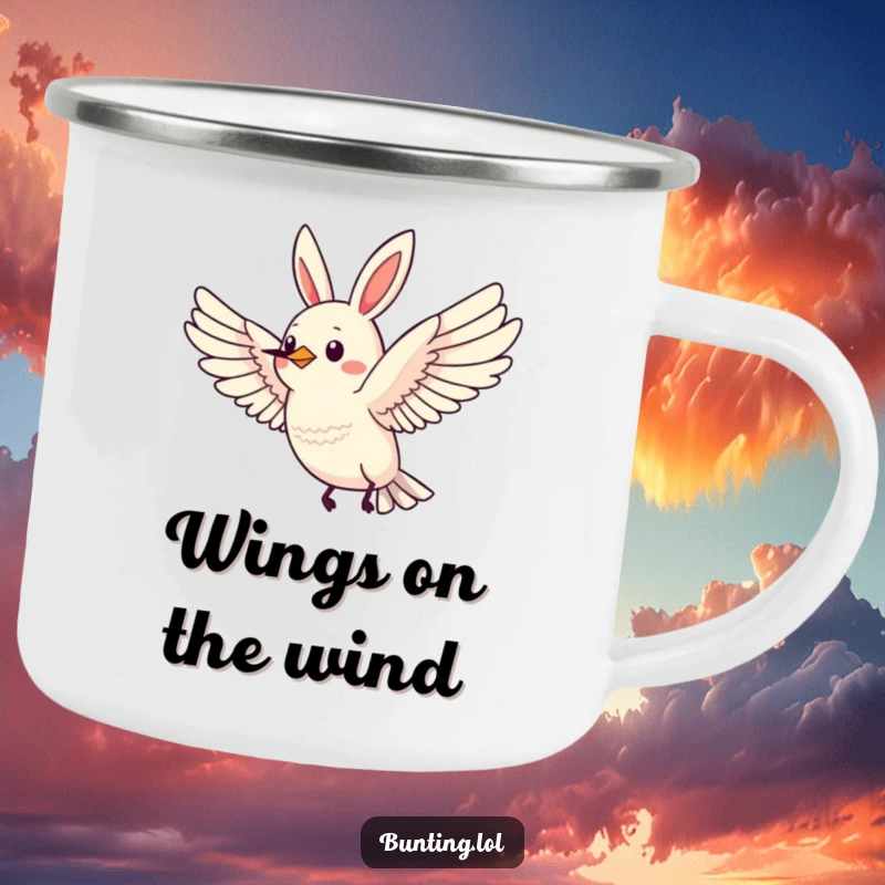 Funny Bunting Camping Mug with a bird in flight with wings spread wide, perfect for outdoor fun.