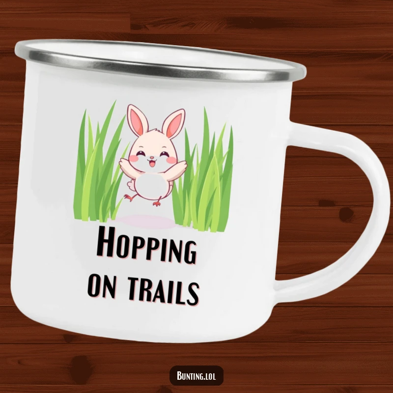 Funny Bunting Camping Mug showing a cute bird joyfully hopping among tall blades of grass, perfect for outdoor adventures and humor.