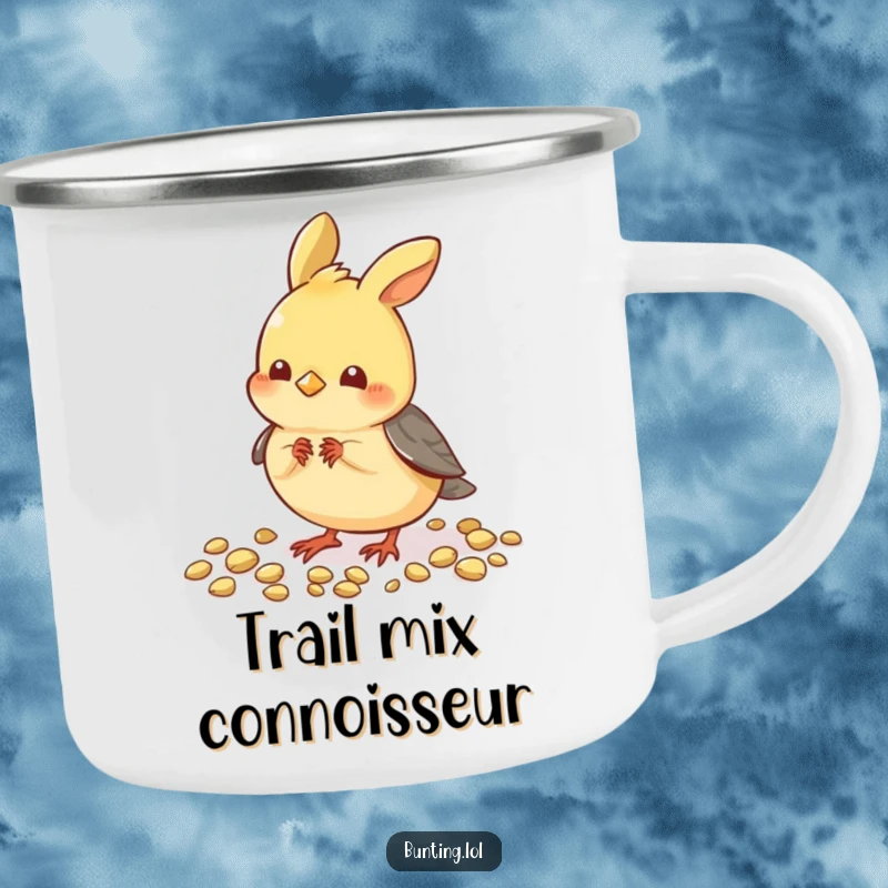 Funny Pecking Bunting Camping Mug: A cute bunting bird is playfully pecking at seeds, great for outdoor humor.