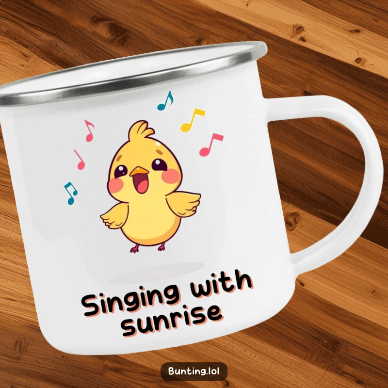Funny Camping Mug featuring a small, vibrant bird character singing with musical notes, perfect for enjoying beverages on adventures.