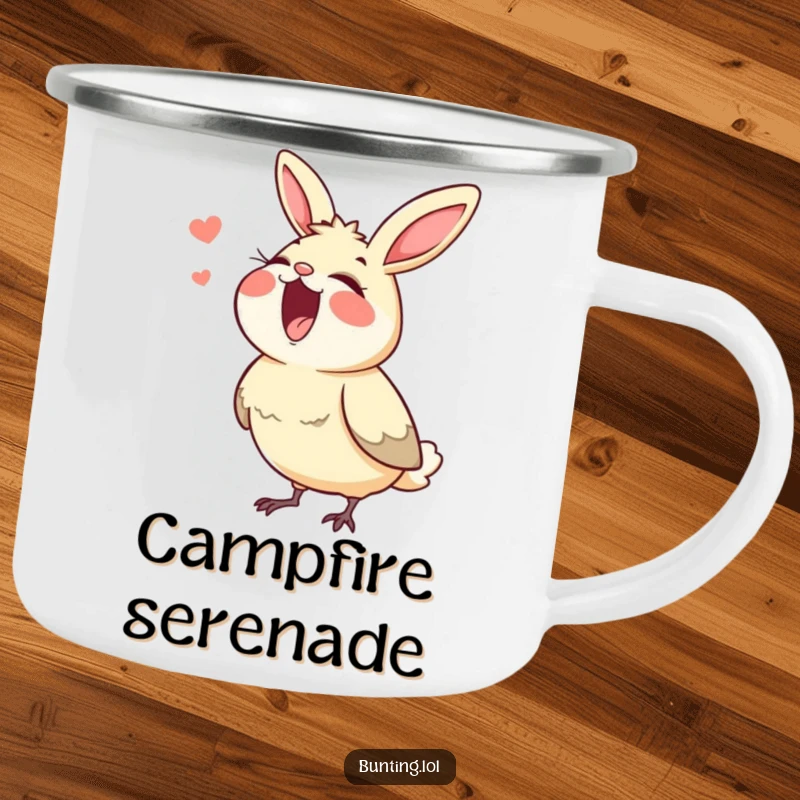 Funny bunting camping mug, showing a bird singing with its beak wide open, durable for adventures and musical sips.