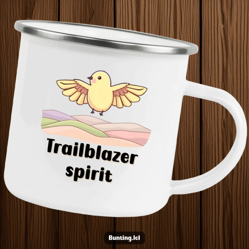 Funny Camping Mug featuring a bunting bird shape soaring over rolling hills, perfect for enjoying beverages during outdoor adventures.