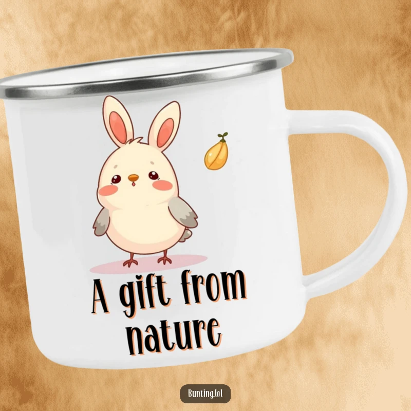 Funny Bunting Camping Mug with a bird looking surprised as a seed floats by, perfect for outdoor fun.