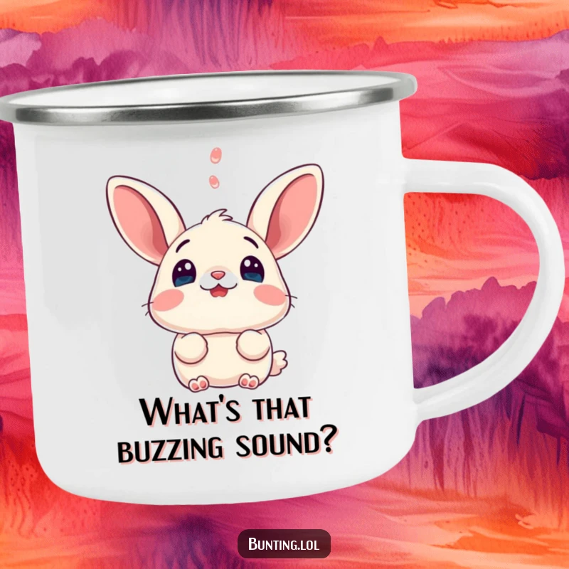 Funny bunting camping mug, illustrating a bird's comical surprise, durable for outdoor adventures and filled with humor.