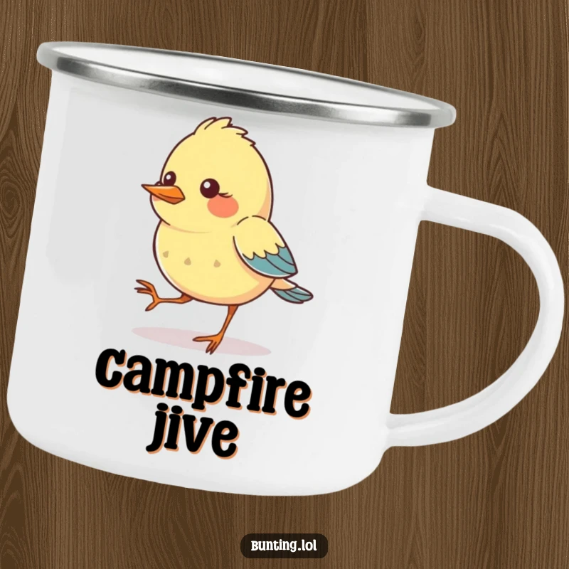 Funny Camping Mug featuring a bunting bird character comically tapping its feet in rhythm, perfect for enjoying beverages during outdoor activities.