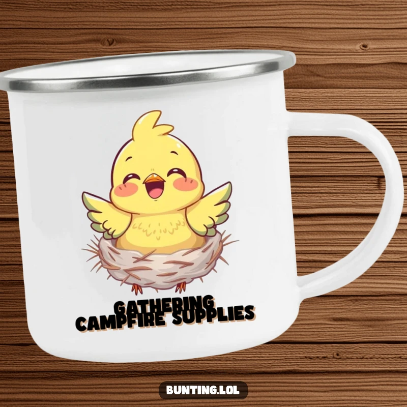 Funny bunting camping mug showing a bird joyfully gathering nesting material, perfect for outdoor enthusiasts who appreciate creativity.