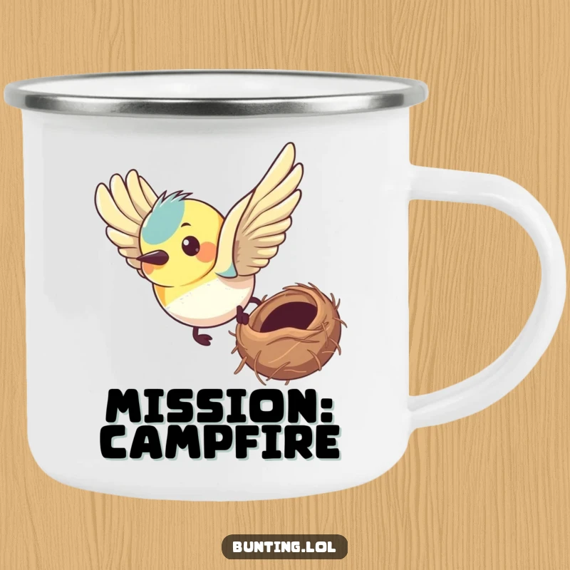 Funny bunting camping mug showing a bird with a determined expression flying towards its nest, perfect for adventurers.