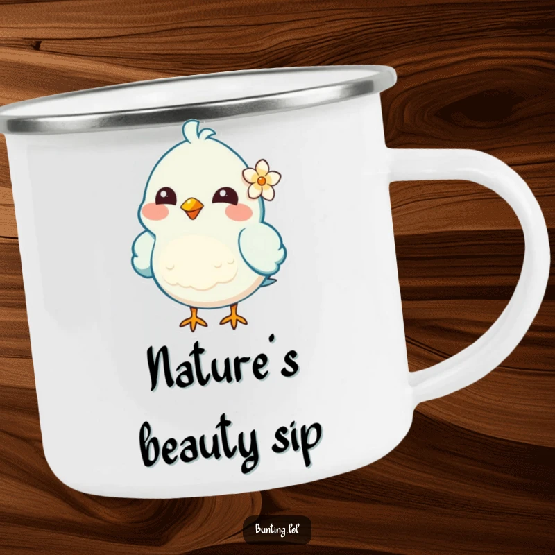 Funny Camping Mug featuring a cheerful bird character with a flower behind its ear, perfect for enjoying beverages during outdoor activities.