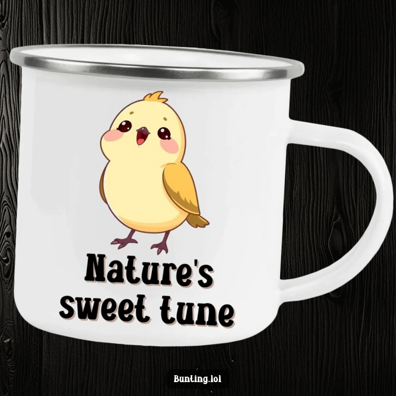 Funny bunting bird camping mug featuring a bunting tilting its head, enjoying a song, built for durable outdoor enjoyment.