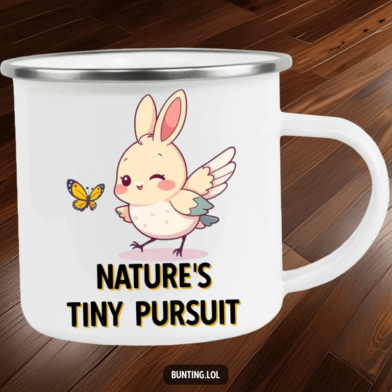 Funny bunting bird character playfully chasing a butterfly on a sturdy camping mug, ideal for enjoying nature and a good laugh.