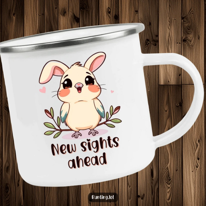 Funny bunting camping mug showing a bird tilting its head, observing something new, perfect for nature lovers who enjoy humor.