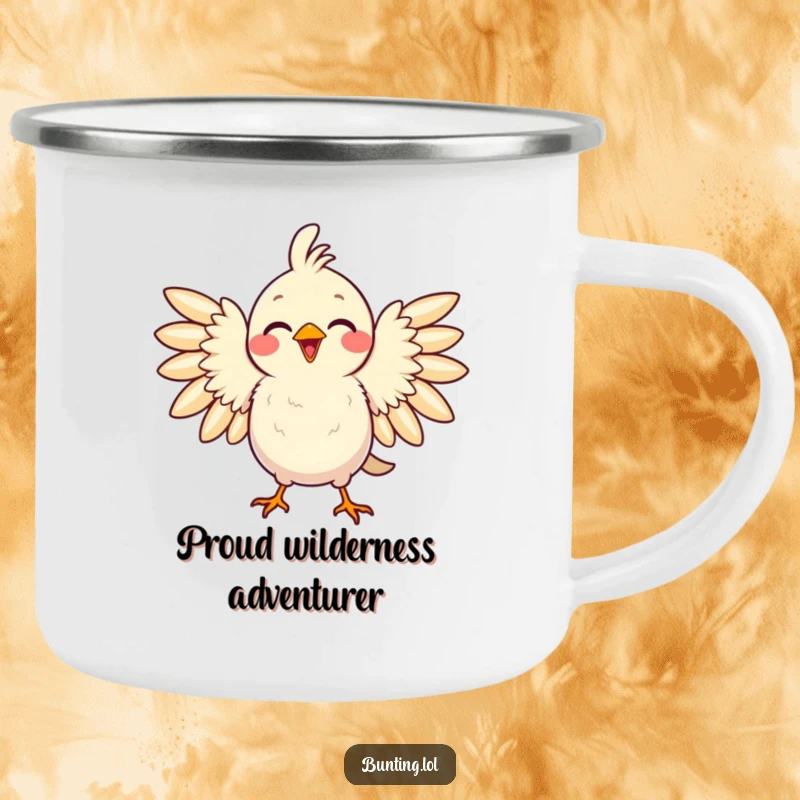 Funny camping mug with a delighted bird puffing its feathers with pride, a humorous addition to outdoor gear.