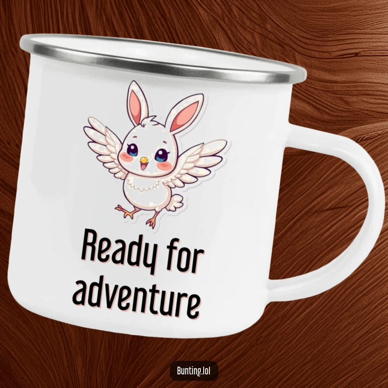 Funny Camping Mug showcasing a cute bunting bird in a dynamic pose with slightly extended wings, perfect for outdoor use.