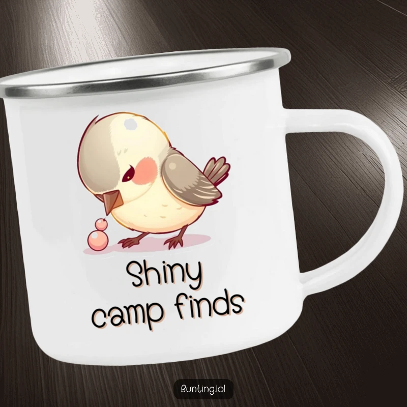 Funny camping mug with a curious bird intently pecking a small, shiny bead, a humorous addition to outdoor gear.
