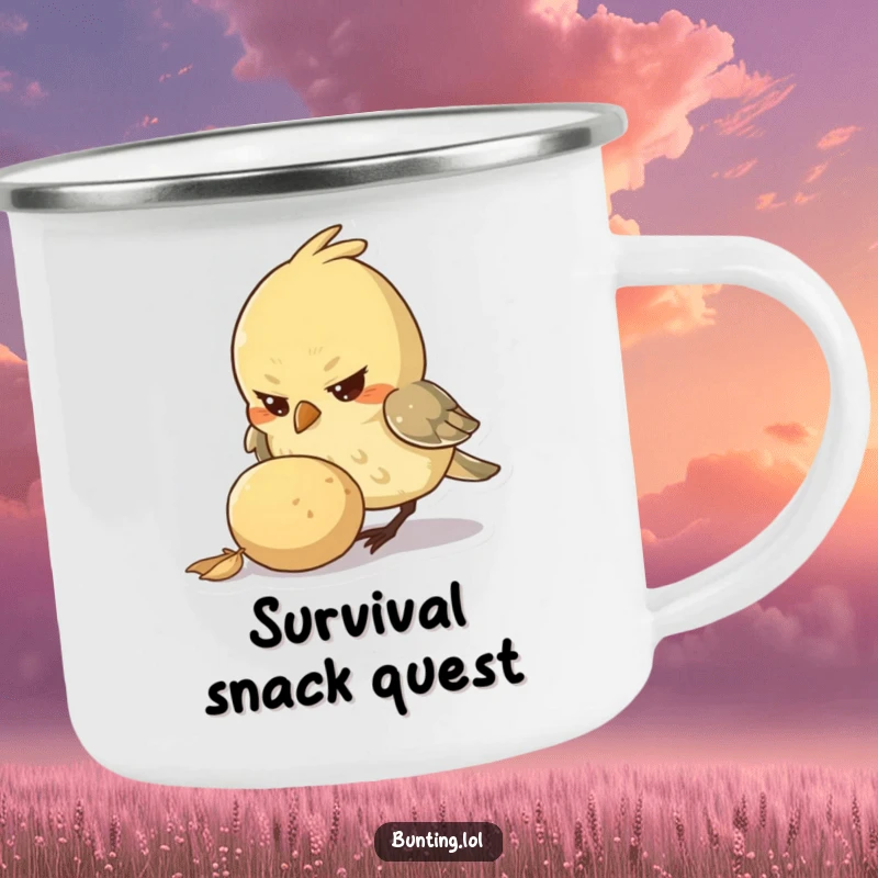 Funny Camping Mug featuring a small bird character with a determined look, pecking at a large seed, perfect for focused outdoor enjoyment.