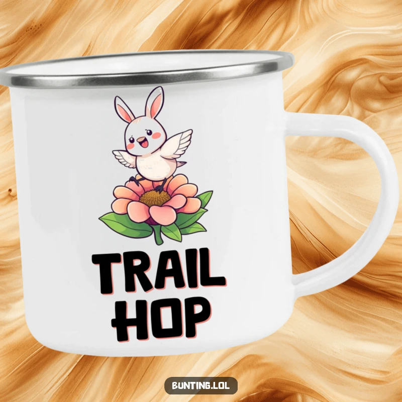 Funny Camping Mug with a cute bunting character hopping energetically on a flower, perfect for outdoor fun and energy.