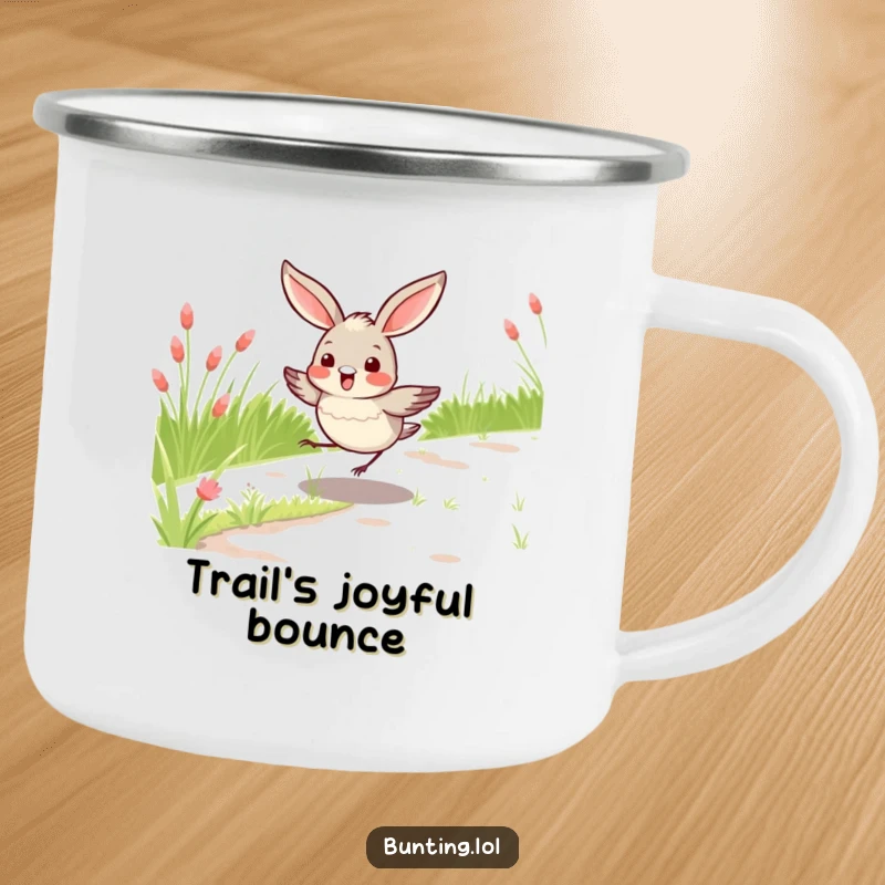 Funny bunting bird camping mug showing a bird hopping on a grassy path, durable outdoor drinkware that makes a humorous funny gift.