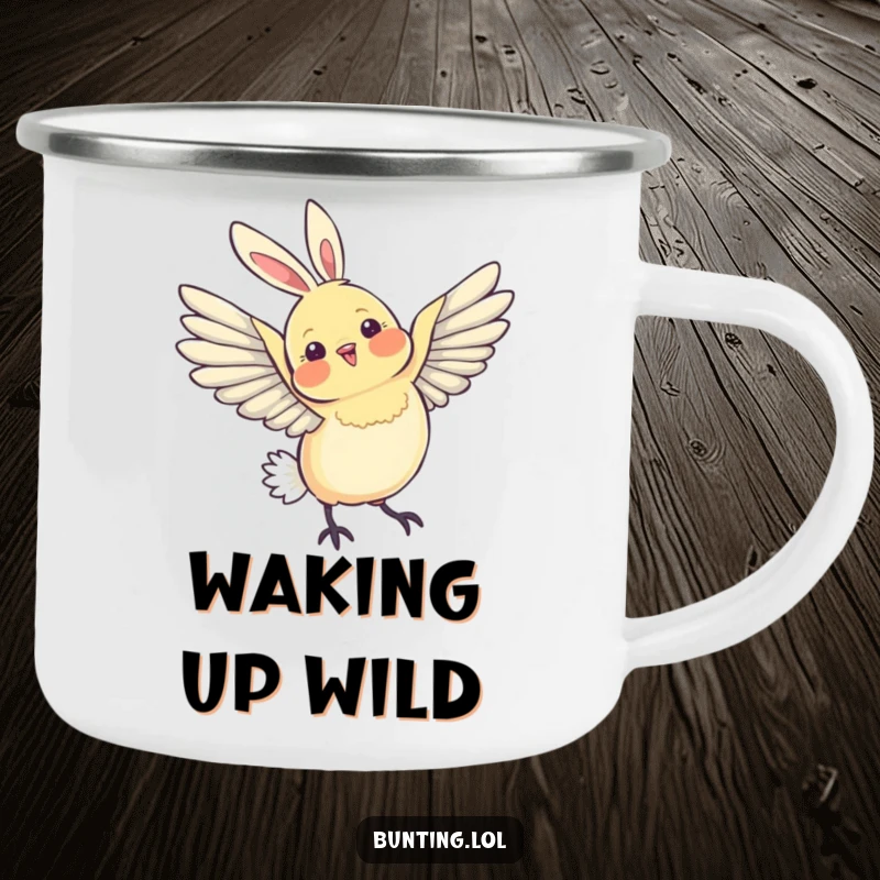 Funny Camping Mug depicting a bunting bird's graceful wing stretch, adding a humorous and elegant touch to outdoor drinks.