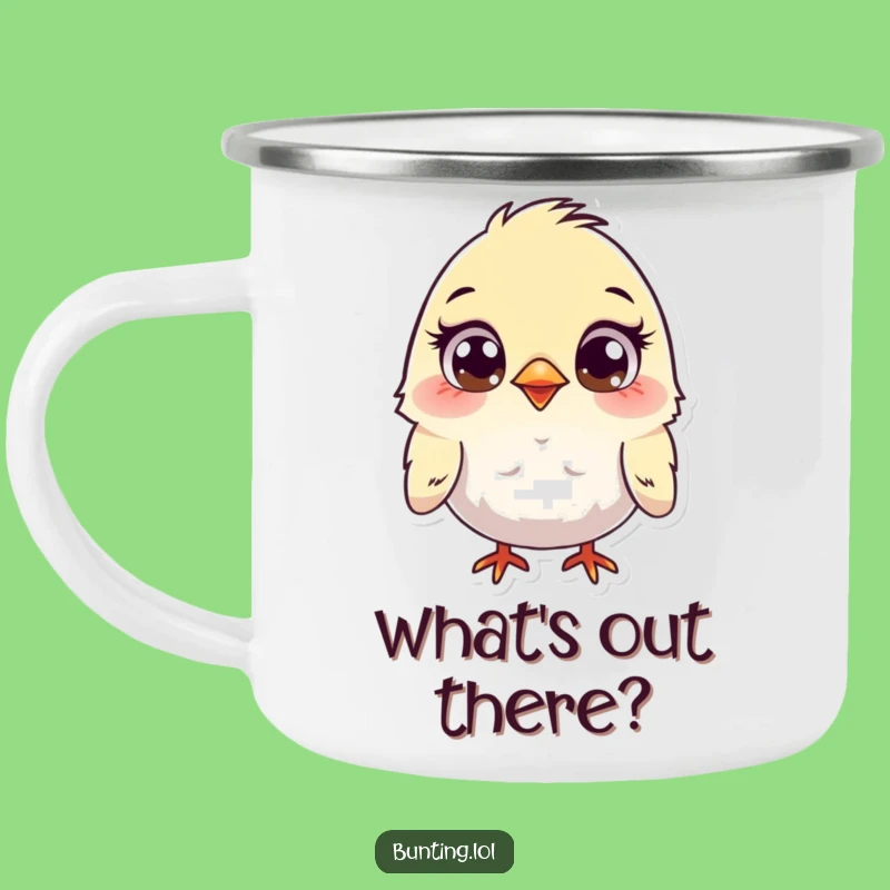 Funny Curious Bunting Camping Mug - Adventure Fuel with Hilarious Bird Eyes