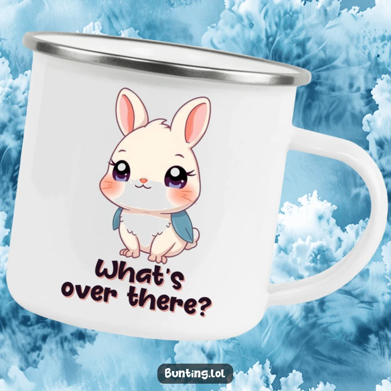 Funny Bunting Camping Mug showcasing a curious bird, perfect for outdoor adventures and hot beverages.