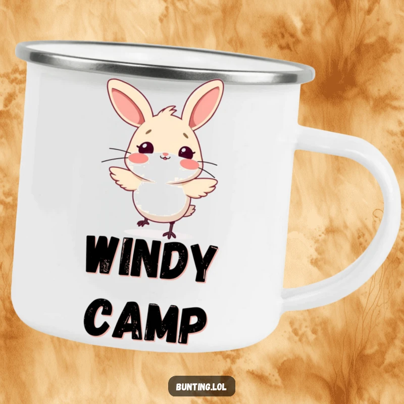 Funny bunting bird camping mug, comically surprised by a sudden gust of wind, bringing humor to outdoor experiences.