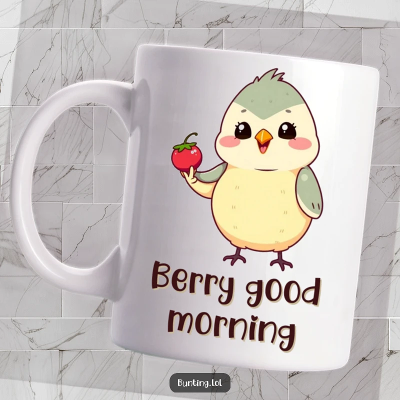Funny Proud Bunting Mug featuring a cute bunting bird holding a tiny berry with immense pride, a perfect gift for bird lovers.