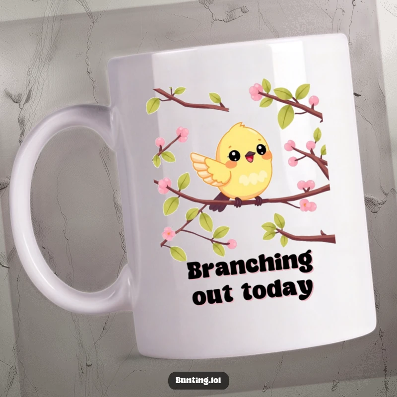 Funny Mug featuring a cute bunting bird happily flitting between tree branches, conveying a sense of lighthearted joy.