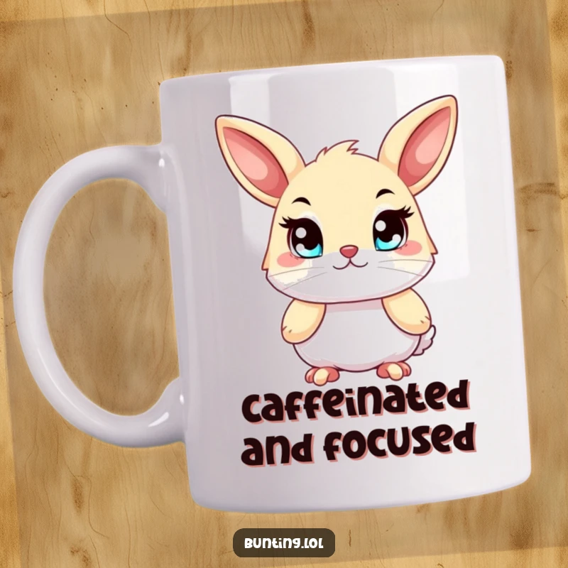 Funny bunting mug, depicting a bird with bright, determined eyes, ready to face any challenge head-on.