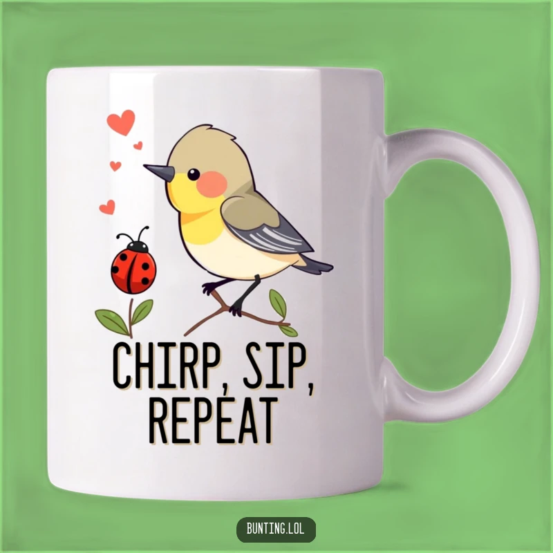Funny Bunting Bird Ladybug Mug: Chirping Excitement Humor, Perfect Gift!