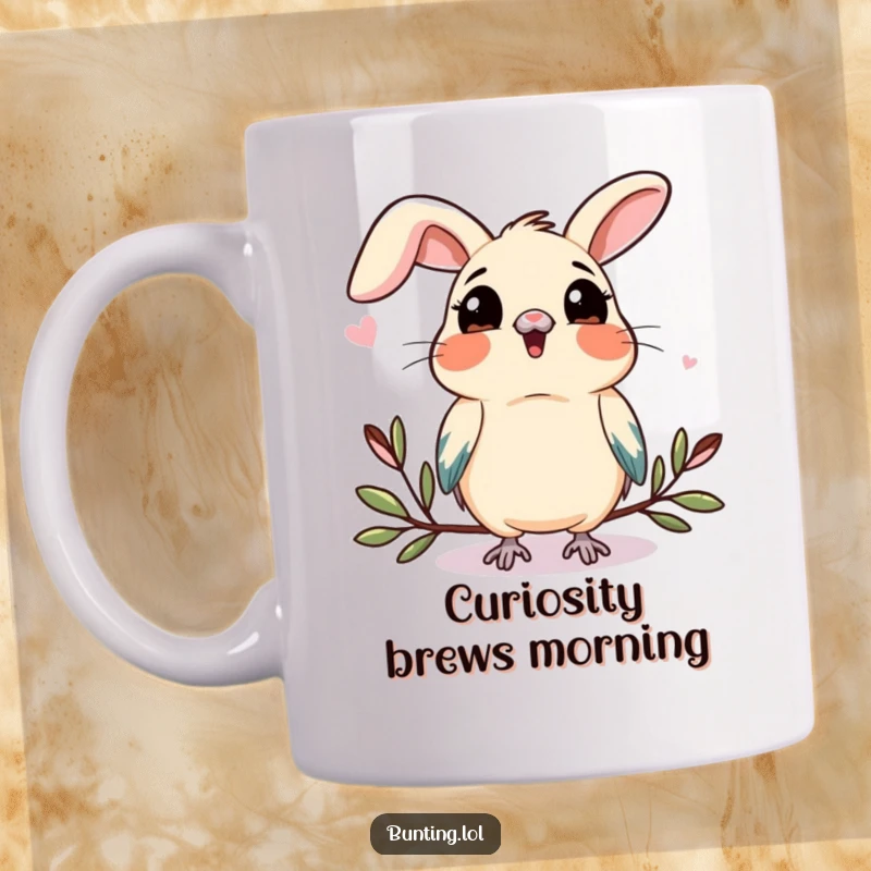 Funny bunting mug showing a bird with its head tilted curiously, observing an unseen object with intense interest and a hint of amusement.