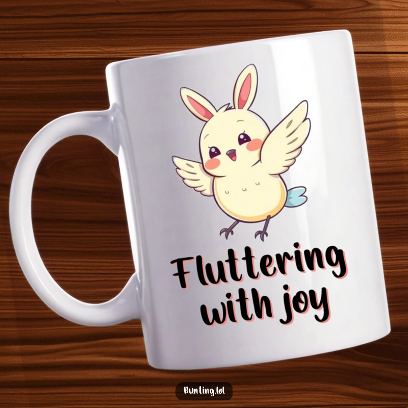 Funny Joyful Bunting Mug featuring a cute bunting bird doing a happy, energetic wing flutter, a perfect gift for bird lovers.