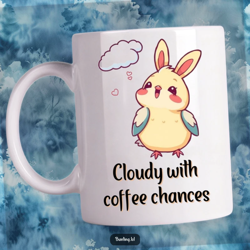 Funny Bunting Mug featuring a small bird looking up at fluffy clouds with an expression of pure delight.