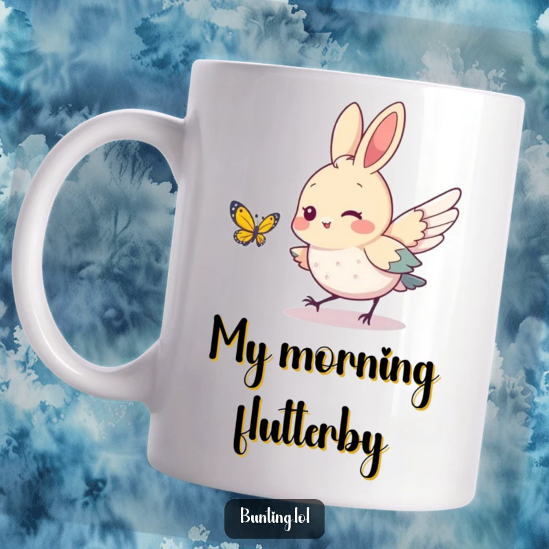 Funny bunting bird character playfully chasing a delicate butterfly, showcasing a moment of lighthearted joy and outdoor adventure.