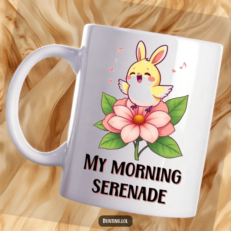 Funny bunting bird cheerfully singing on a vibrant flower, bringing joy and music to this delightful mug design.