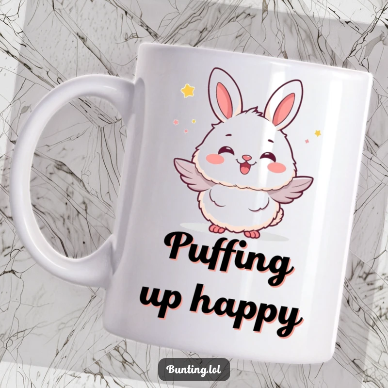 Funny bunting bird mug showing a bunting puffed up with fluffy excitement, radiating pure joy and enthusiasm.