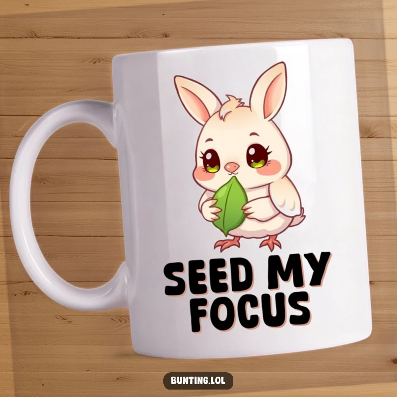 Funny bunting bird mug showing a curious bunting with bright eyes intently observing a single seed, full of focus.