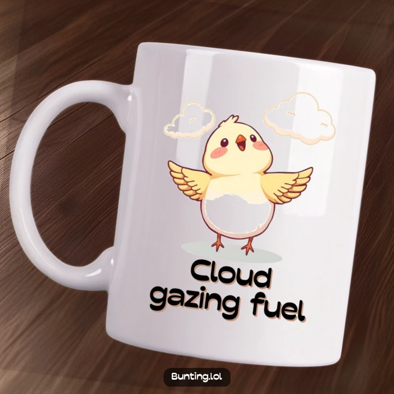 Funny Mug featuring a cute bunting bird looking up at clouds with pure delight, capturing a moment of innocent joy.