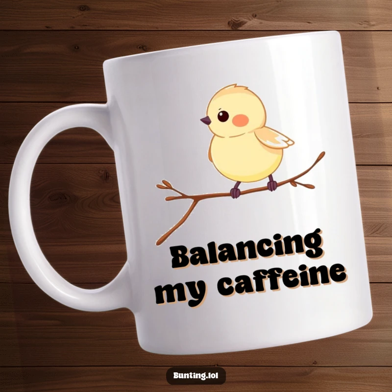 Funny Bunting Mug showcasing a cute bird playfully hopping on a thin twig, perfect for bird enthusiasts.