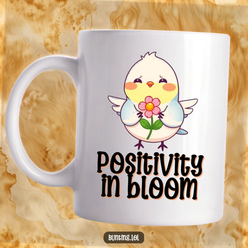 Funny Mug featuring a smiling bunting bird offering a colorful flower, symbolizing kindness and cheerful generosity.