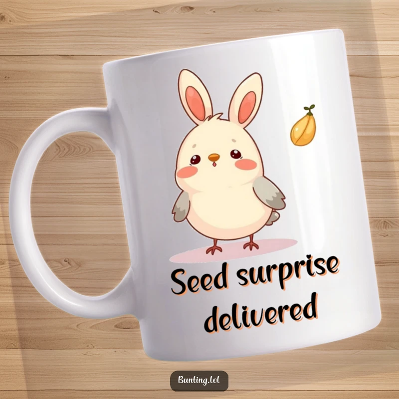 Funny Bunting Mug showcasing a bird looking surprised as a seed floats by, perfect for bird enthusiasts.