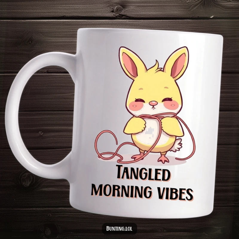 Funny bunting bird comically stuck and tangled in a piece of yarn, depicted on this hilarious mug.