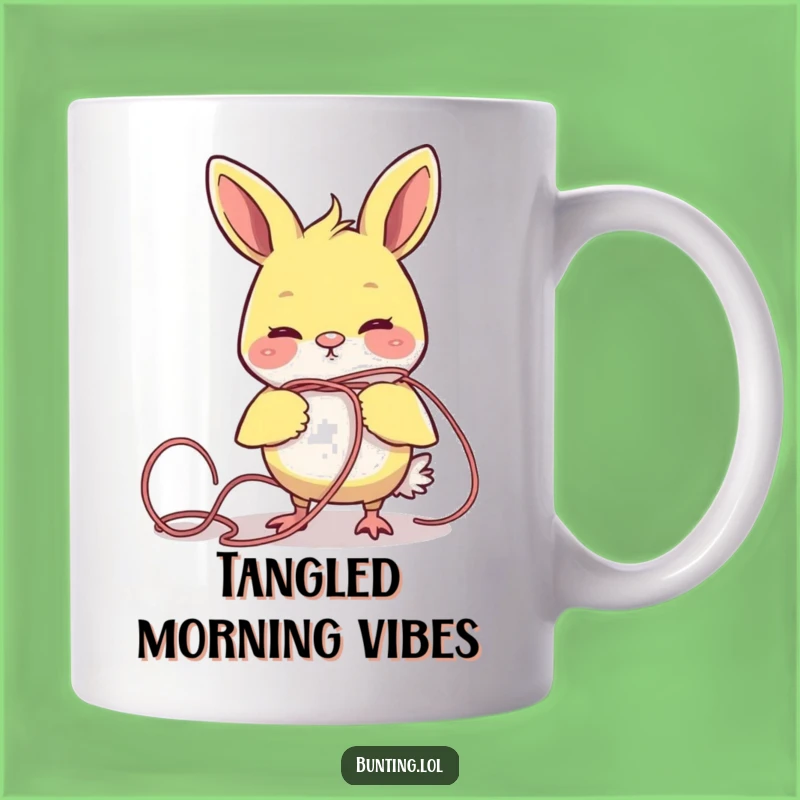 Funny Tangled Bunting Yarn Mug: Hilarious Bird Mishap Gift!