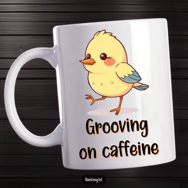 Funny Mug showcasing a bunting bird character whose feet are comically and energetically tapping in perfect musical rhythm, full of life.