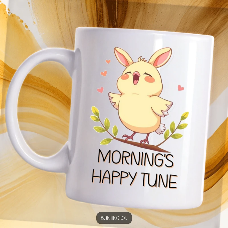 Funny bunting bird mug, joyfully singing with its beak wide open, radiating pure happiness and a love for music.