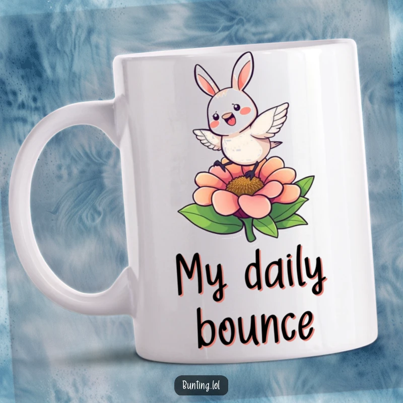 Funny Mug of a cute bunting character energetically hopping on a vibrant, colorful flower, radiating pure joy.
