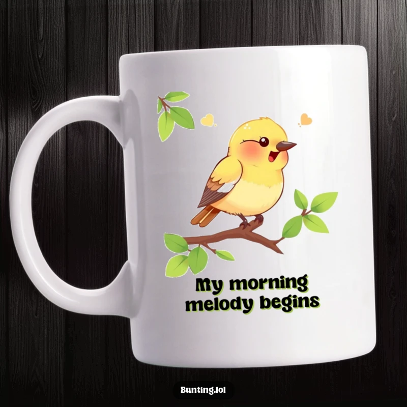 Funny bunting bird mug with a cheerful bird perched on a branch, singing its heart out, a perfect gift for bird enthusiasts.