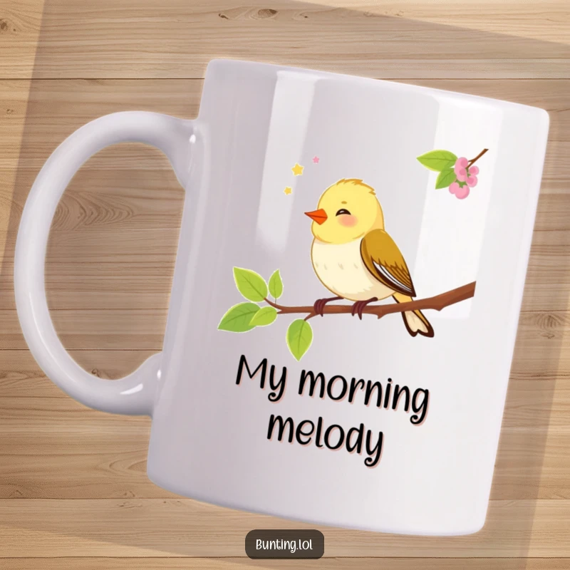 Funny bunting bird mug showing a cheerful songbird chirping merrily while perched on a tree branch, full of morning delight.